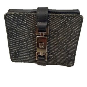 Gucci‎ Monogram GG Piston Lock Black Canvas & Leather Compact Wallet